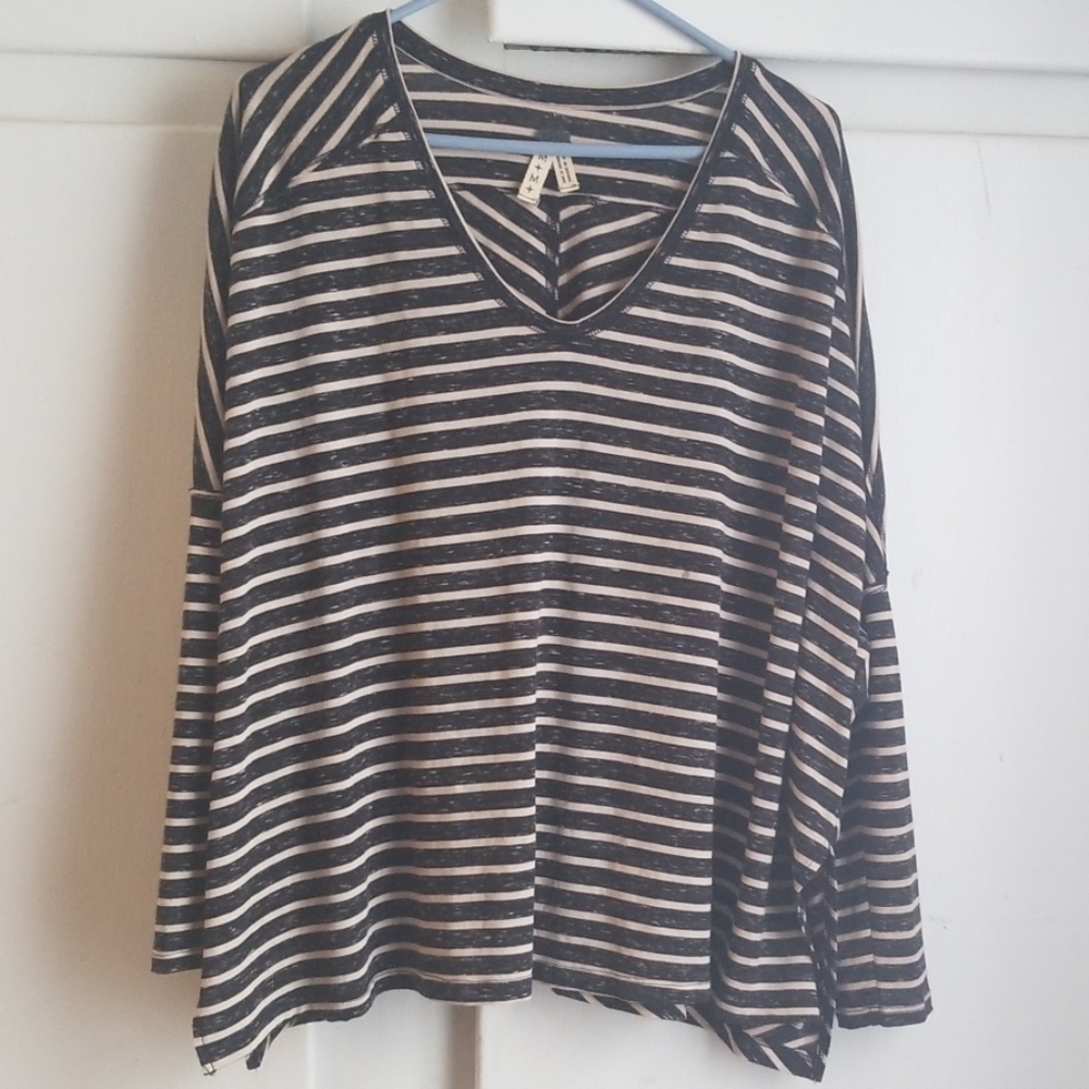 Free People Black and White Striped V-Neck Long Sleeve Top